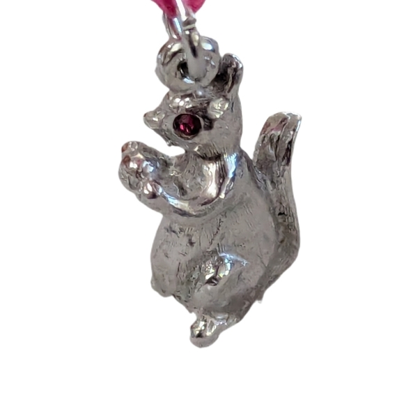 Vintage Jewelry - Sterling Silver Squirrel Pendant / Charm with Ruby Pink Eyes
